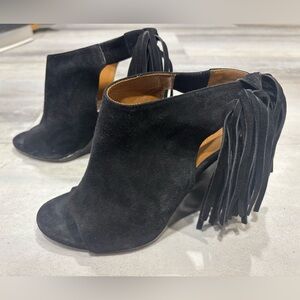 CHLOE Authentic Suede Leather Wedge Peep Toe Fringe Sandals Made In Italy